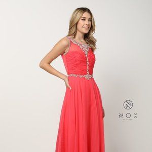 NEW LONG SLEEVELESS A-LINE DRESS EMBROIDERED WITH LACE AND RHINESTONES NX 8155